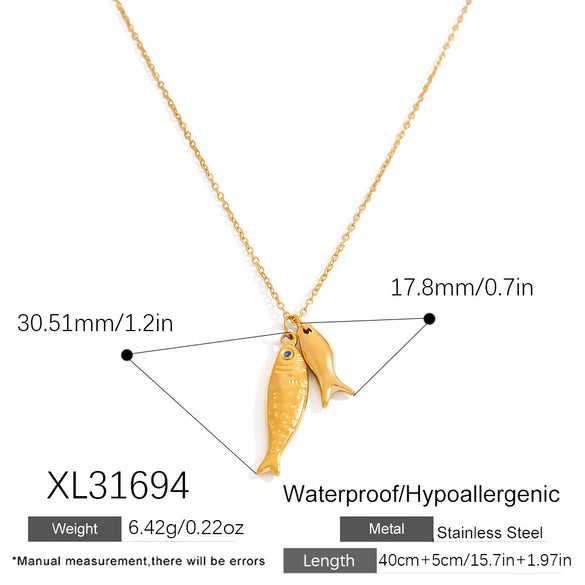 Stainless Steel Geometric Fish Pendant Necklace For Women With 18K Gold Electroplated Cross Chain