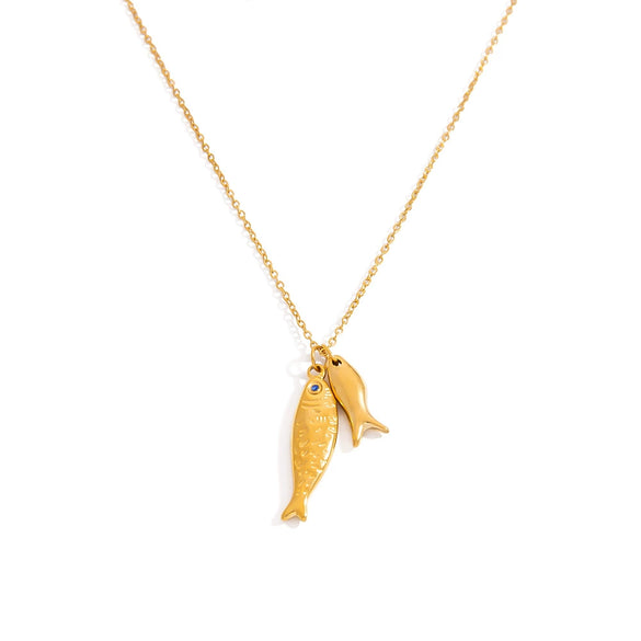 Stainless Steel Geometric Fish Pendant Necklace For Women With 18K Gold Electroplated Cross Chain