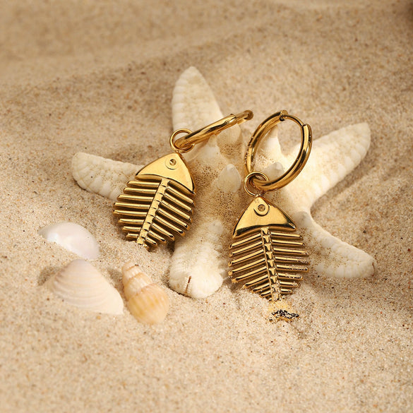 Stainless Steel Geometric Fishbone Pendant Women's Earrings With Electroplating