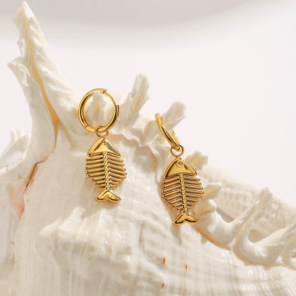 Stainless Steel Geometric Fishbone Pendant Women's Earrings With Electroplating