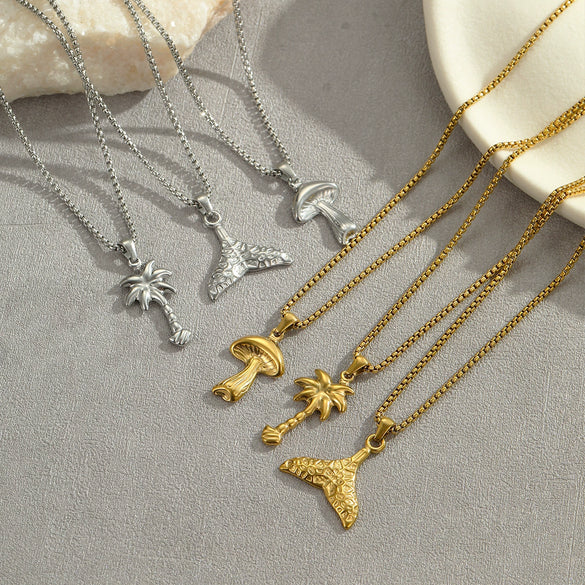 Stainless Steel Geometric Fishtail Pendant Necklace Electroplated With 18K Gold For Women