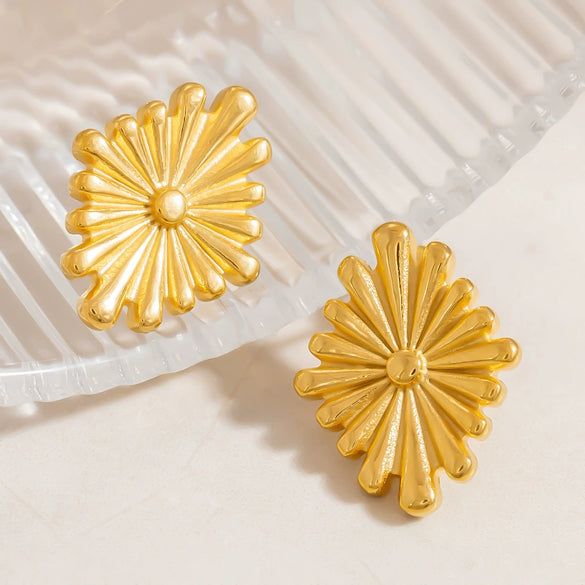 Stainless Steel Geometric Flower Asymmetrical Earrings For Women Gold Plated Light Luxury Minimalist Style