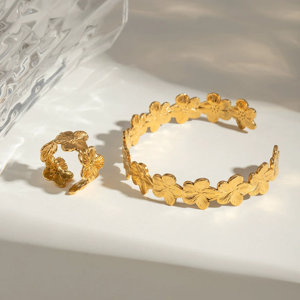 Stainless Steel Geometric Flower Opening Ring Bracelet Electroplated Women's Jewelry
