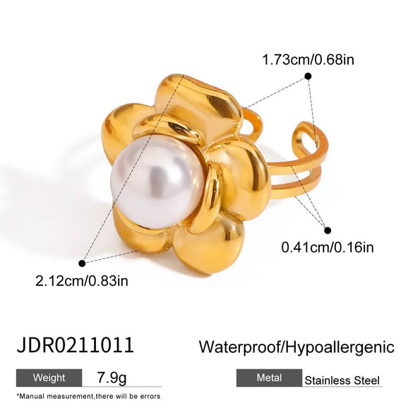 Stainless Steel Geometric Flower Pearl Ring For Women With Electroplating