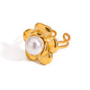 Stainless Steel Geometric Flower Pearl Ring For Women With Electroplating