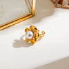 Stainless Steel Geometric Flower Pearl Ring For Women With Electroplating