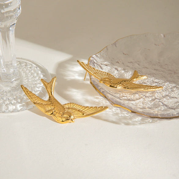 Stainless Steel Geometric Flying Bird Swallow Earrings With Electroplating For Women