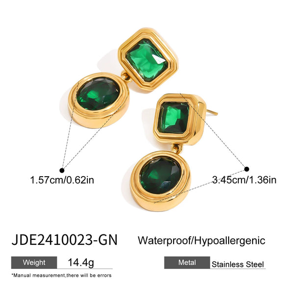 Stainless Steel Geometric Green Zircon Earrings With Electroplating And Light Luxury Design