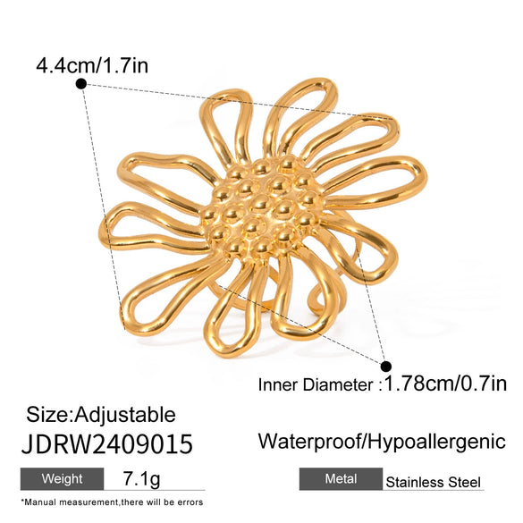 Stainless Steel Geometric Hammer Pattern Hollow Flower Adjustable Ring Electroplated Women's Jewelry