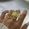 Stainless Steel Geometric Hammer Pattern Hollow Flower Adjustable Ring Electroplated Women's Jewelry