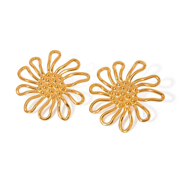 Stainless Steel Geometric Hammer Pattern Hollow Flower Earrings Electroplated Light Luxury Retro Women's Jewelry