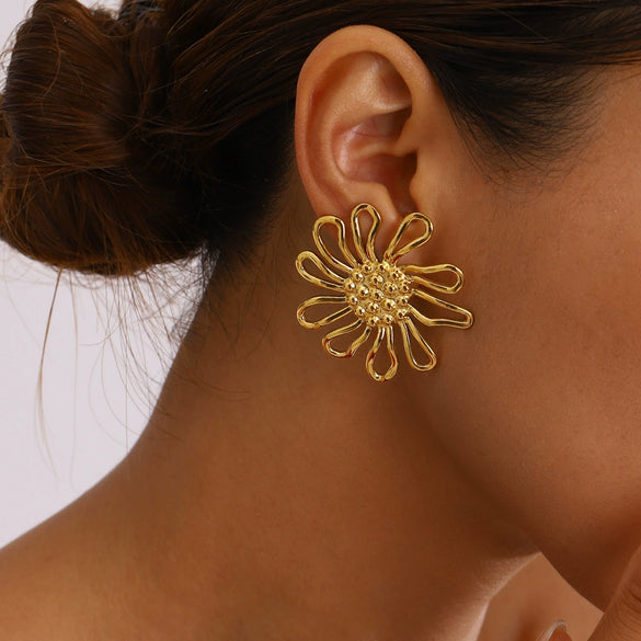 Stainless Steel Geometric Hammer Pattern Hollow Flower Earrings Electroplated Light Luxury Retro Women's Jewelry