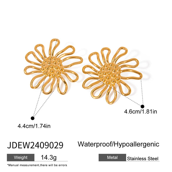Stainless Steel Geometric Hammer Pattern Hollow Flower Earrings Electroplated Light Luxury Retro Women's Jewelry