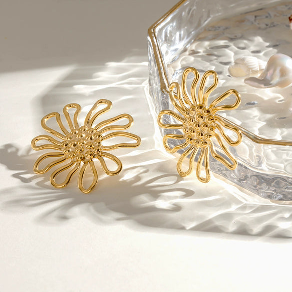 Stainless Steel Geometric Hammer Pattern Hollow Flower Earrings Electroplated Light Luxury Retro Women's Jewelry