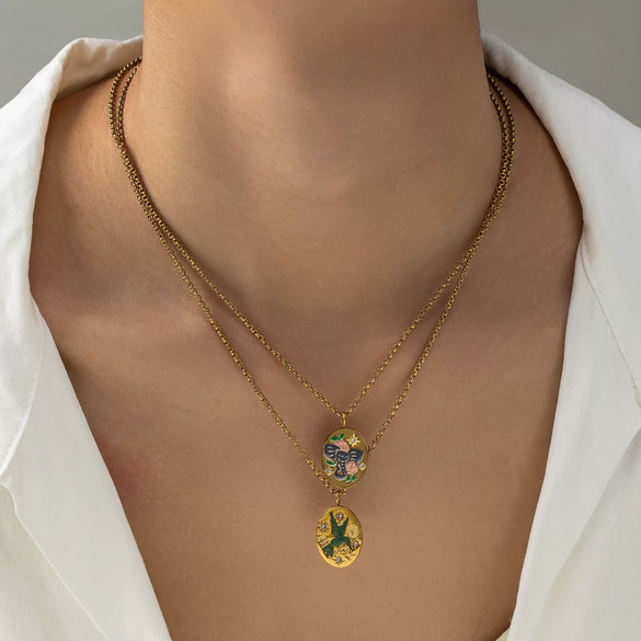 Stainless Steel Geometric Hand Painted Flower Love Pendant Necklace With Regular Chain And Electroplating