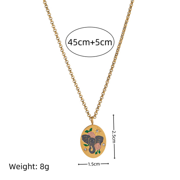 Stainless Steel Geometric Hand Painted Flower Love Pendant Necklace With Regular Chain And Electroplating
