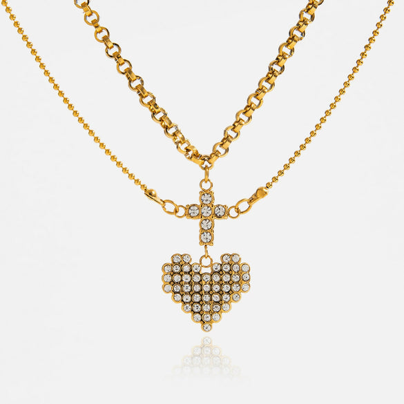 Stainless Steel Geometric Heart Cross Pendant Necklace With Diamonds Electroplated For Women