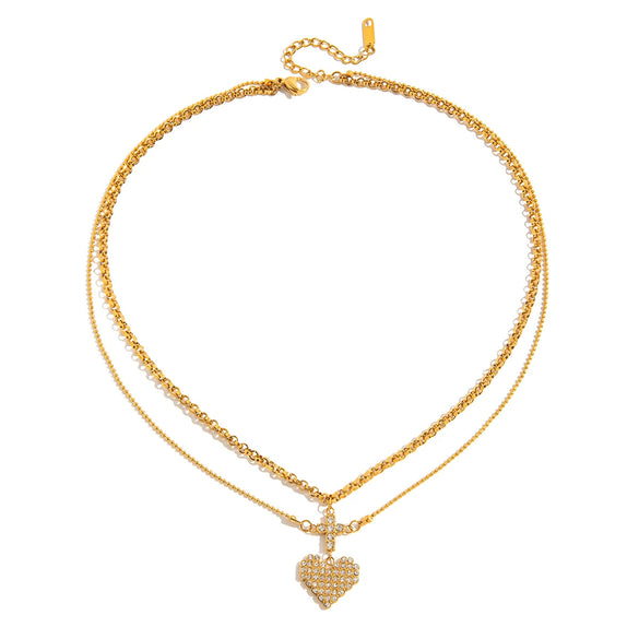 Stainless Steel Geometric Heart Cross Pendant Necklace With Diamonds Electroplated For Women