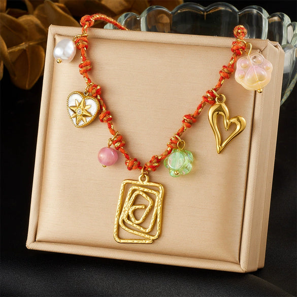 Stainless Steel Geometric Heart Dog Paw Pendant Knotted Necklace For Women