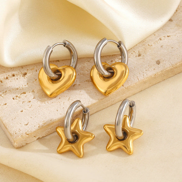 Stainless Steel Geometric Heart Round Hiphop Earrings For Women With Electroplating