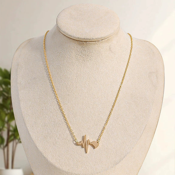 Stainless Steel Geometric Heartbeat Pendant Necklace With Regular Chain Versatile Unisex Gift Jewelry