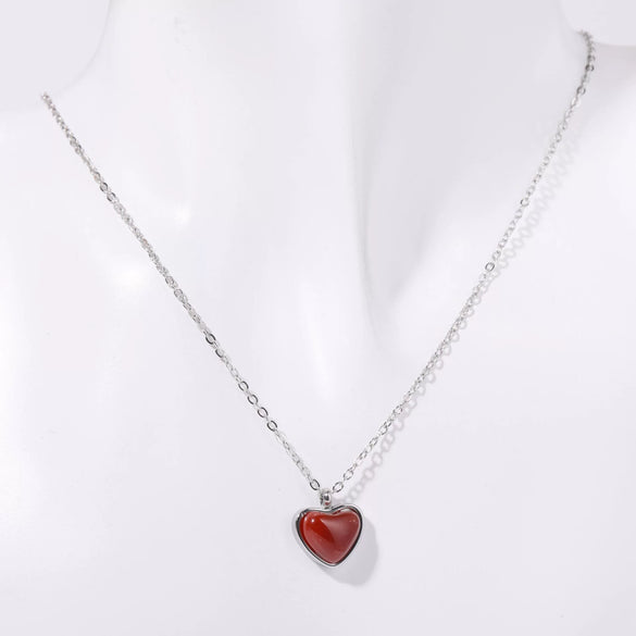 Stainless Steel Geometric Heartshaped Imitation Natural Stone Red Agate Pendant Necklace Electroplated 18K Gold Color Preservation O Chain
