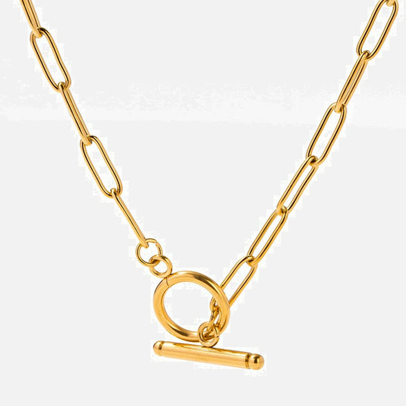 Stainless Steel Geometric Hip Hop Style Necklace With 18K Gold Plated Coarse Chain And Ot Buckle