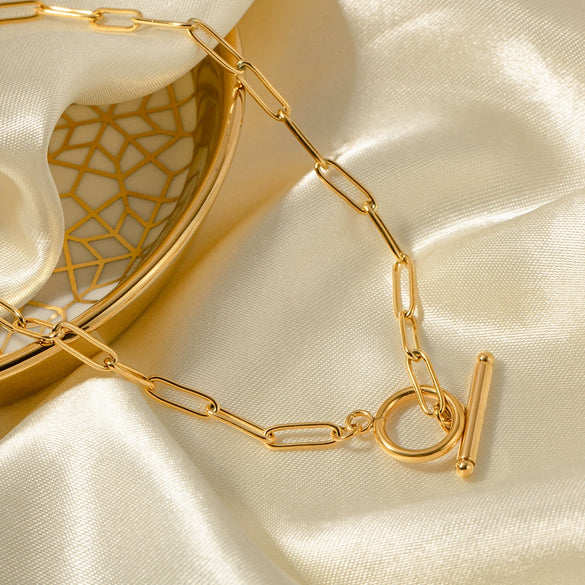 Stainless Steel Geometric Hip Hop Style Necklace With 18K Gold Plated Coarse Chain And Ot Buckle