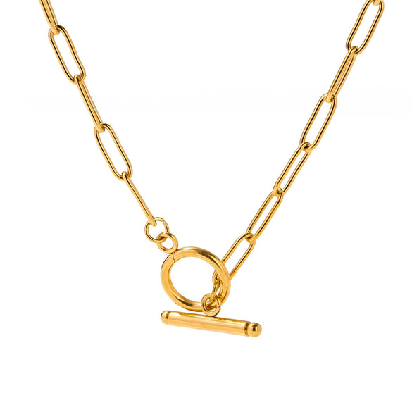 Stainless Steel Geometric Hip Hop Style Necklace With 18K Gold Plated Coarse Chain And Ot Buckle