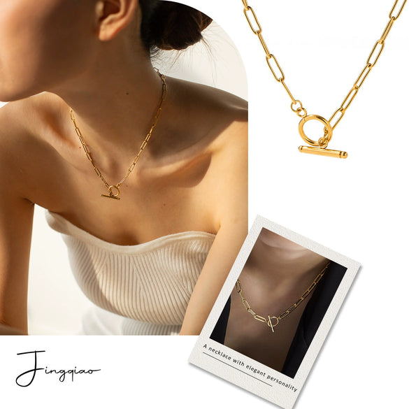 Stainless Steel Geometric Hip Hop Style Necklace With 18K Gold Plated Coarse Chain And Ot Buckle
