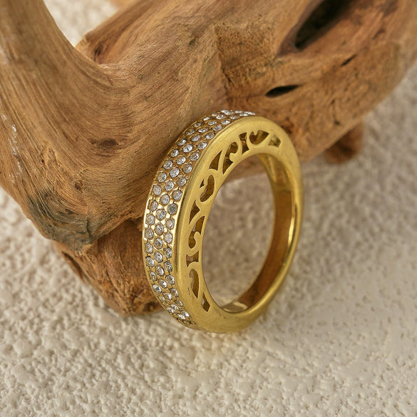 Stainless Steel Geometric Hollow Design Microinlaid Row Diamond Electroplated Women's Ring