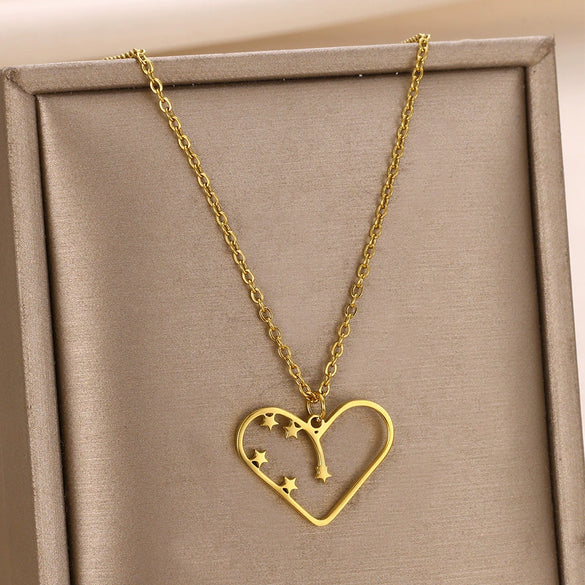 Stainless Steel Geometric Hollow Heart Pendant Necklace With Electroplating And Cross Chain Design For Unisex