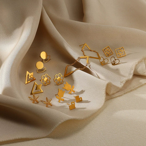 Stainless Steel Geometric Hollow Heartshaped Square Electroplated Gold Earrings Unisex