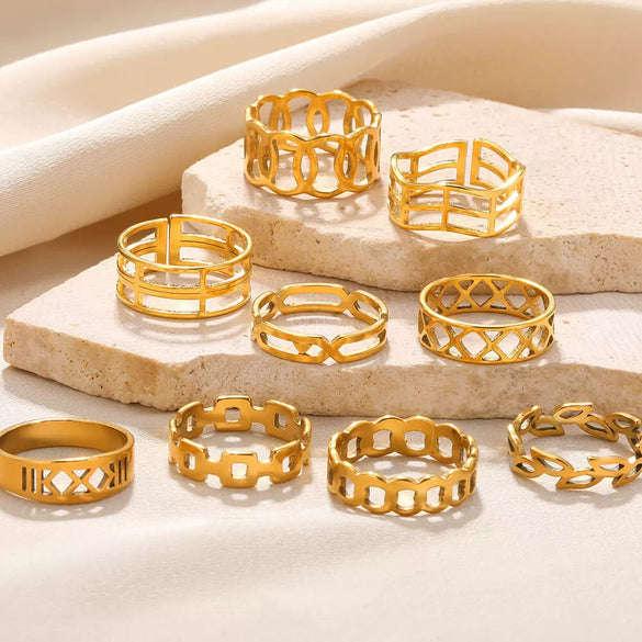 Stainless Steel Geometric Hollow Line Multilayer 18K Gold Plated Unisex Ring
