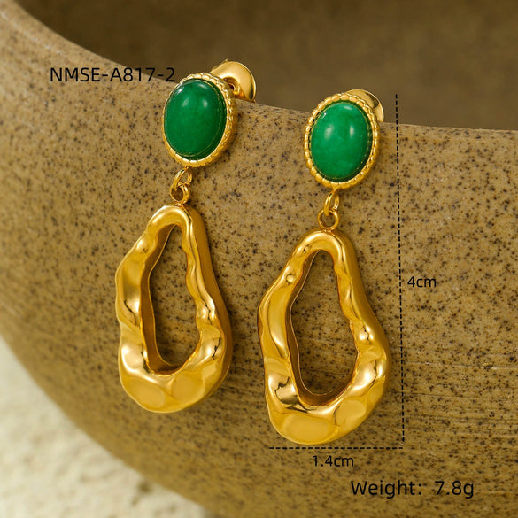 Stainless Steel Geometric Inlaid Cat's Eye Turquoise Natural Stone Electroplated Vintage Women's Earrings