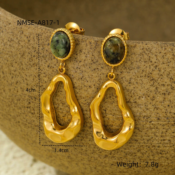 Stainless Steel Geometric Inlaid Cat's Eye Turquoise Natural Stone Electroplated Vintage Women's Earrings