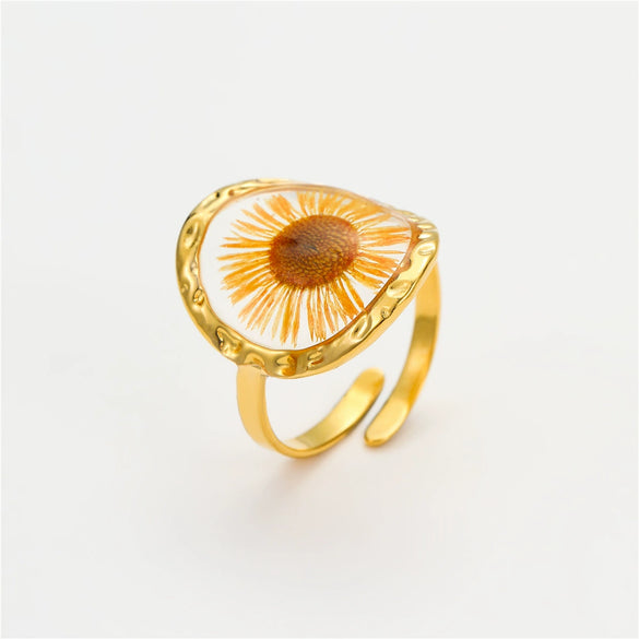 Stainless Steel Geometric Inlaid Eternal Flower Sunflower Dried Flower Ring Electroplated For Women