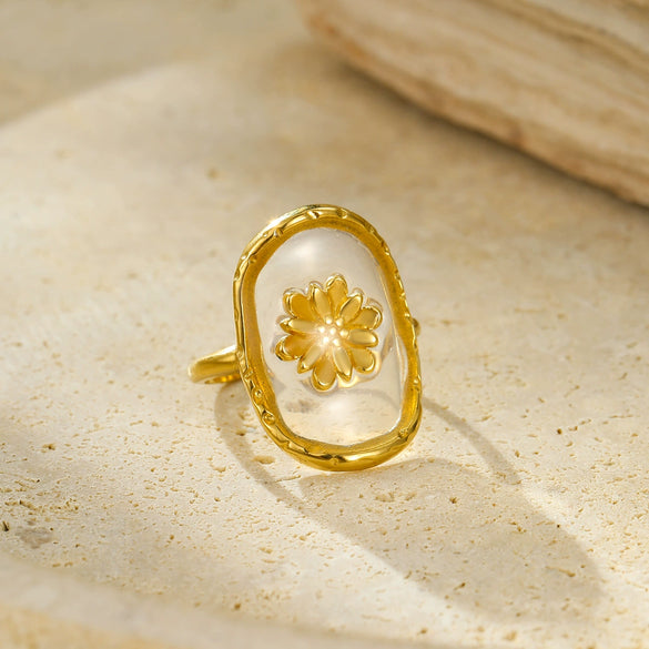 Stainless Steel Geometric Inlaid Flower 18K Gold Plated Ring