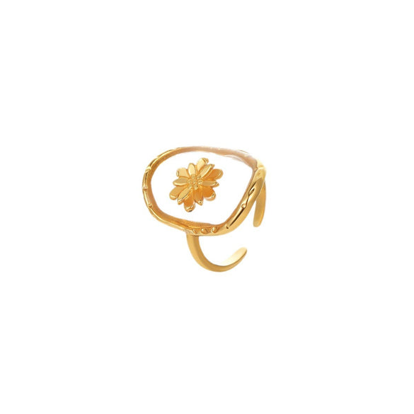 Stainless Steel Geometric Inlaid Flower 18K Gold Plated Ring