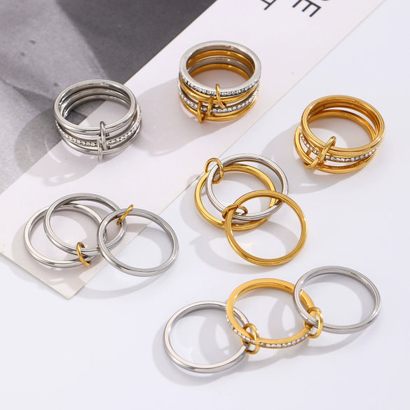 Stainless Steel Geometric Interlocking Ring Electroplated Women's Multiring Stacked Style
