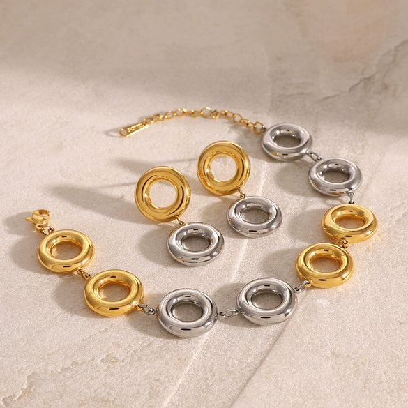 Stainless Steel Geometric Jewelry Ring Pendant Earrings And Bracelet With Gold And Silver Contrast And Electroplating Treatment For Women