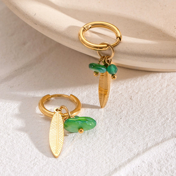 Stainless Steel Geometric Leaves Feather Ear Buckle Earrings For Women With Electroplating