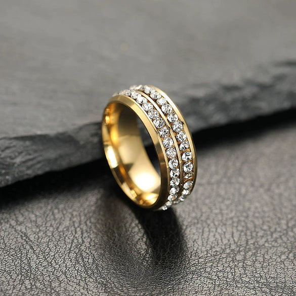 Stainless Steel Geometric Letter Pattern Ring Electroplated Double Row Rhinestone Style Unisex Band Jewelry