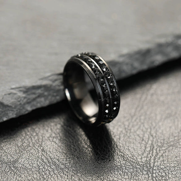 Stainless Steel Geometric Letter Pattern Ring Electroplated Double Row Rhinestone Style Unisex Band Jewelry