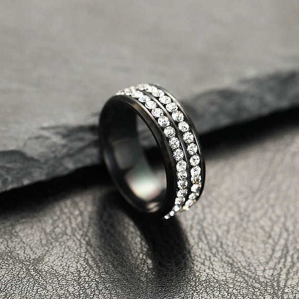 Stainless Steel Geometric Letter Pattern Ring Electroplated Double Row Rhinestone Style Unisex Band Jewelry