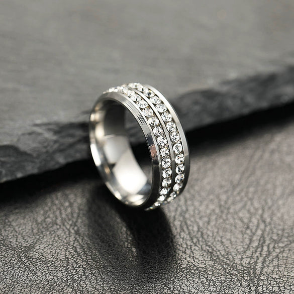 Stainless Steel Geometric Letter Pattern Ring Electroplated Double Row Rhinestone Style Unisex Band Jewelry