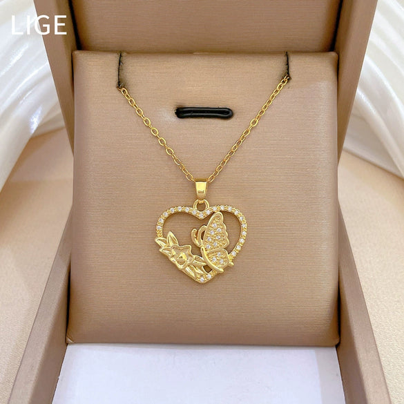 Stainless Steel Geometric Love Butterfly Pendant Necklace Unisex