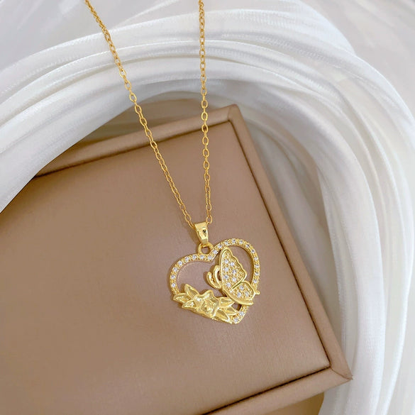 Stainless Steel Geometric Love Butterfly Pendant Necklace Unisex