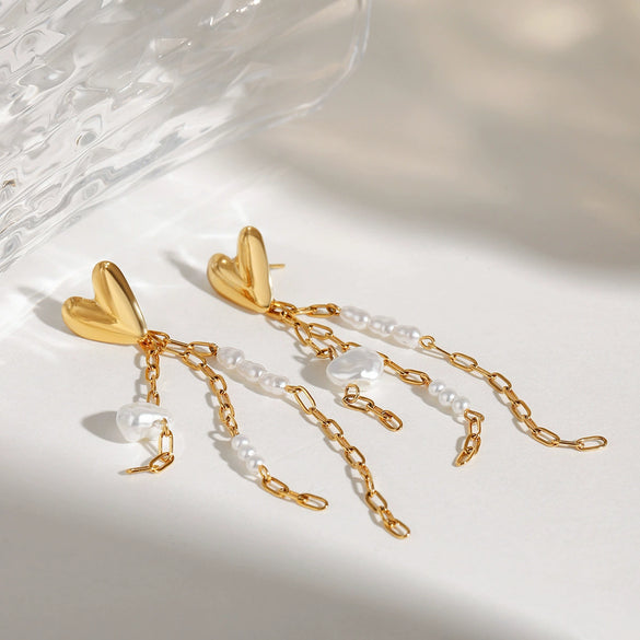 Stainless Steel Geometric Love Tassel Earrings With Electroplating Design