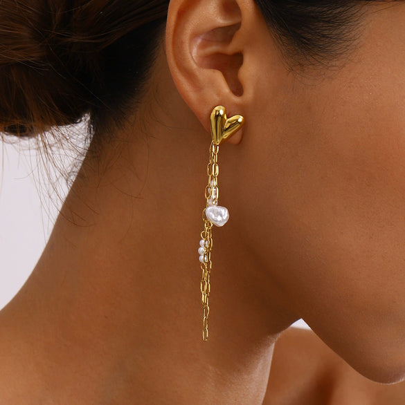 Stainless Steel Geometric Love Tassel Earrings With Electroplating Design